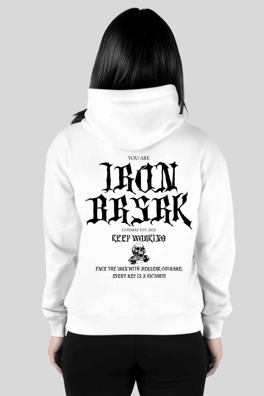 Rückansicht BRSRK Oversize Hoodie White für Männer und Frauen