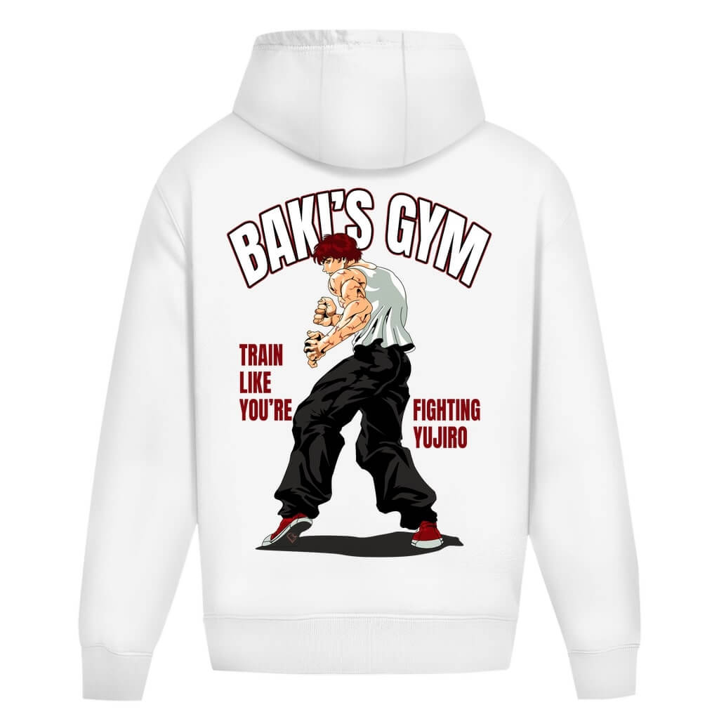 Rückansicht Baki Oversize Hoodie White für Männer und Frauen