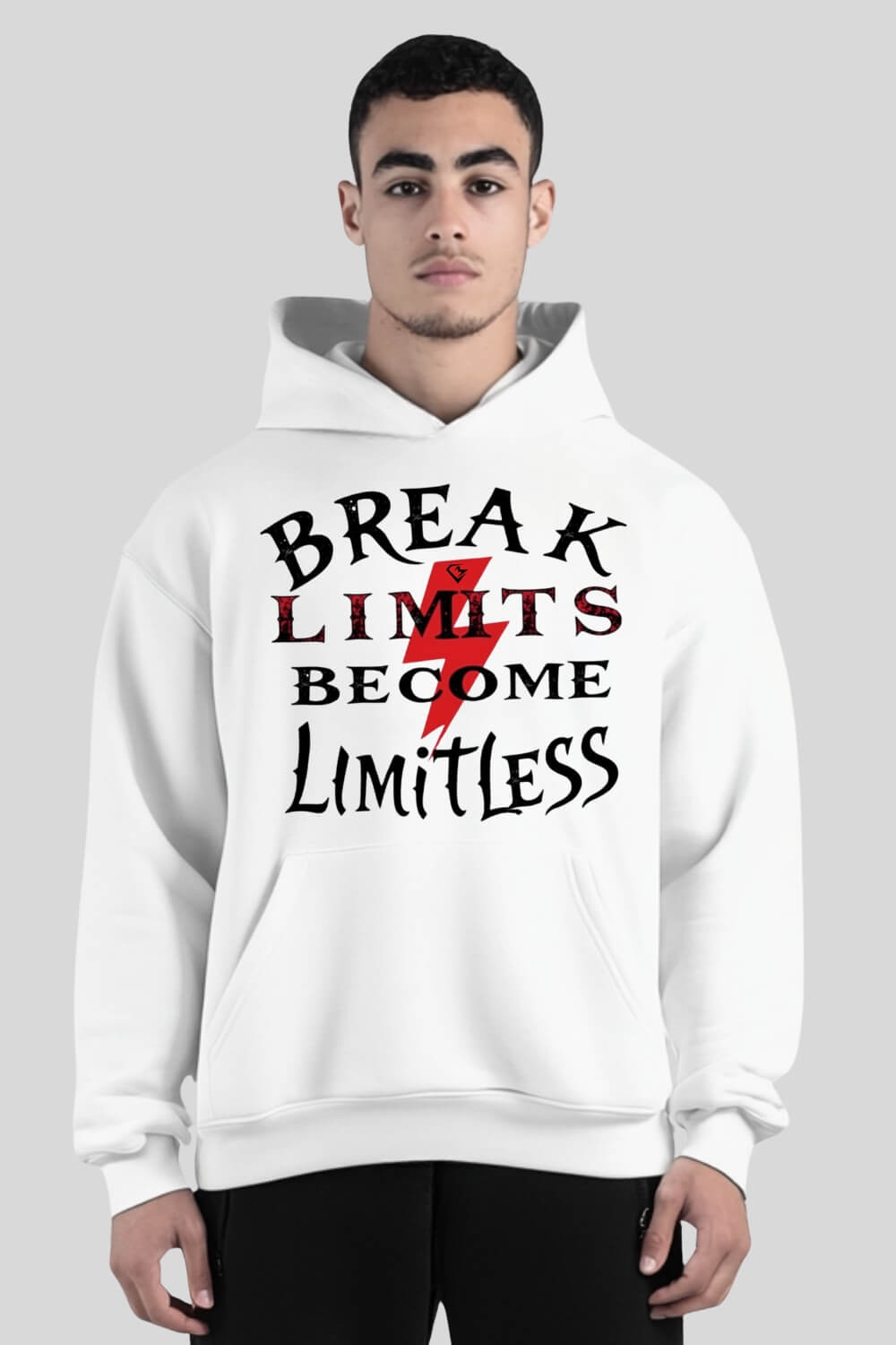 Frontansicht Break Limits Oversize Hoodie White für Männer und Frauen