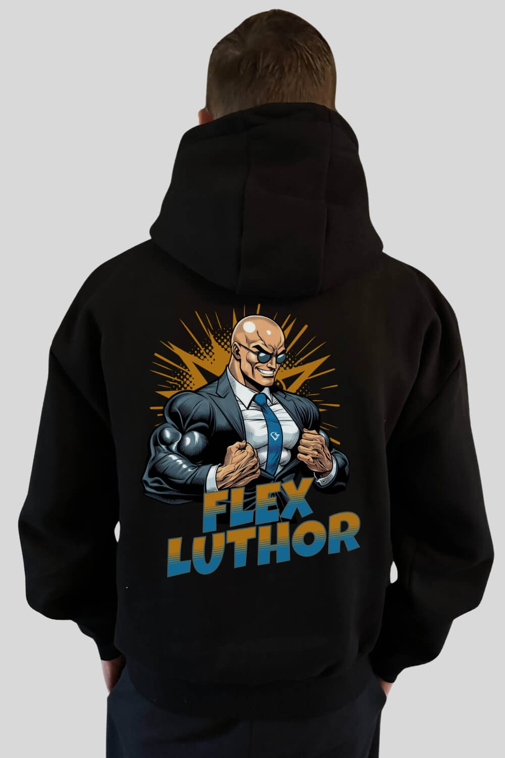 Rückansicht Flex Luthor Oversize Hoodie Black für Männer und Frauen