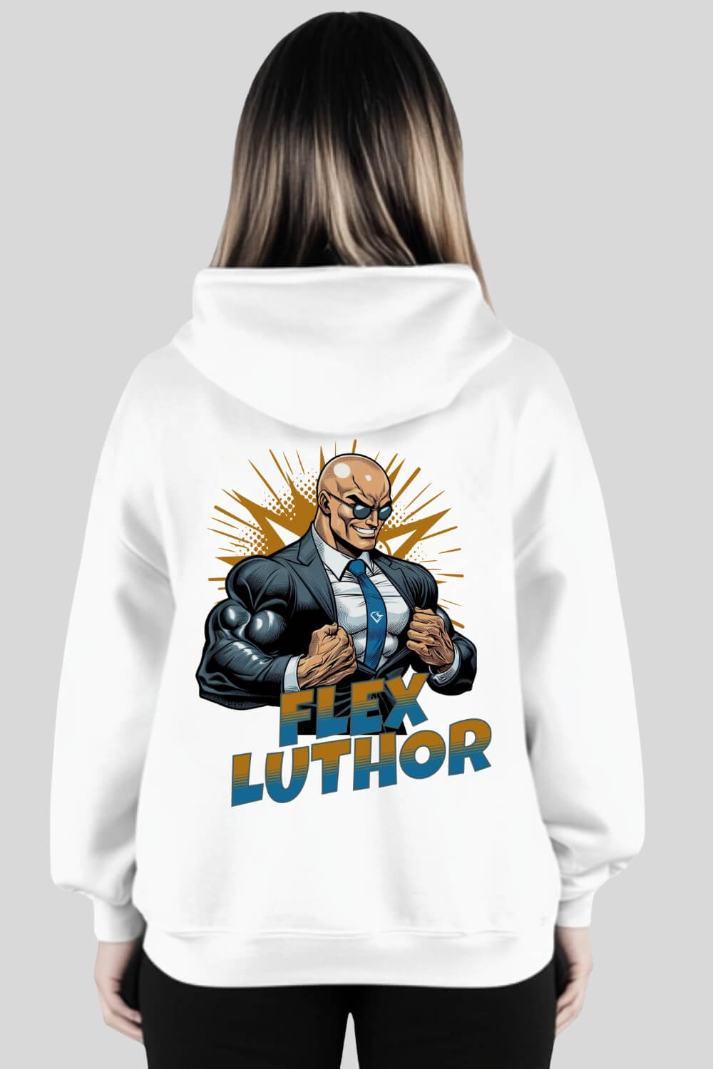Rückansicht Flex Luthor Oversize Hoodie White für Männer und Frauen