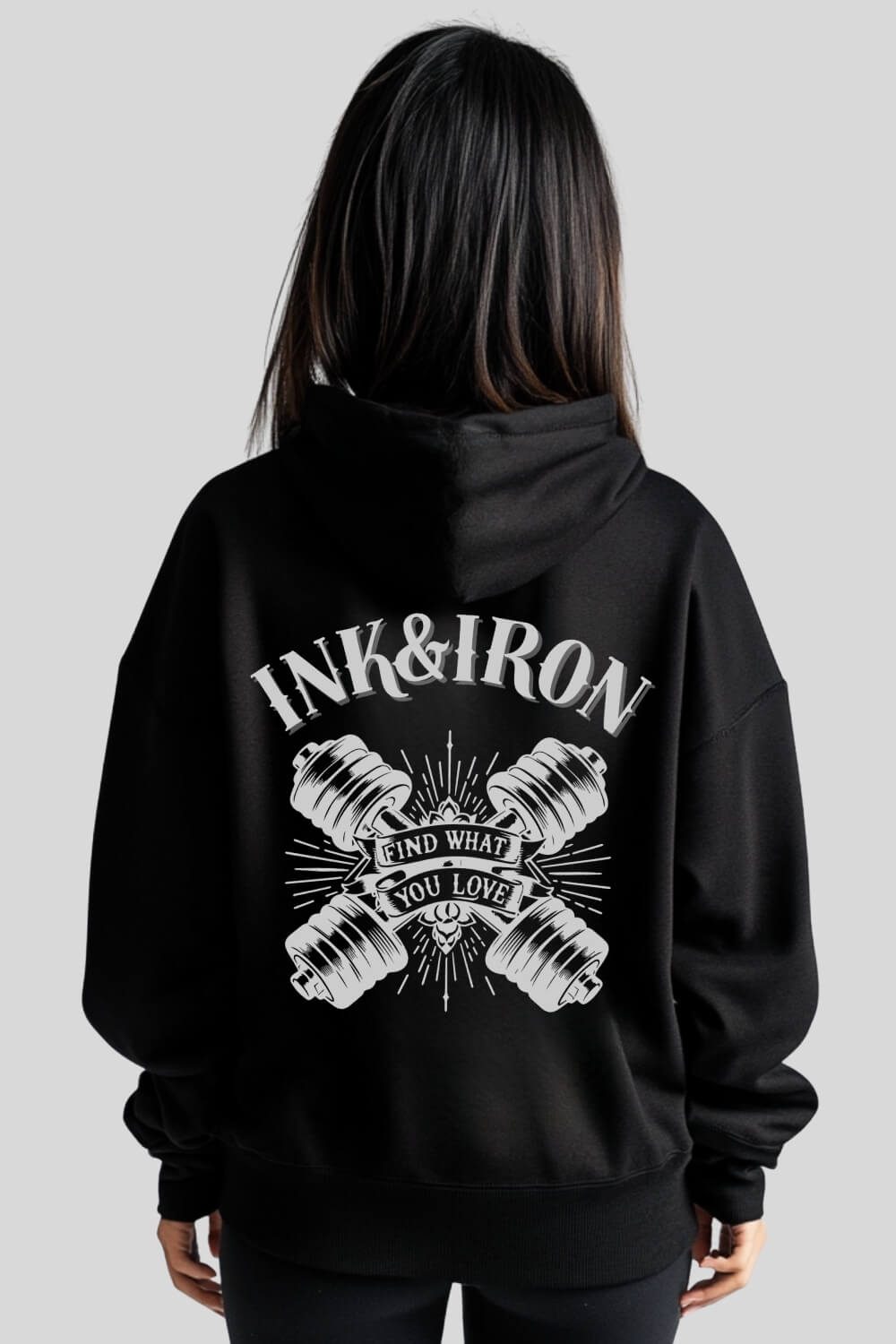Rückansicht Love Oversize Hoodie Black für Männer und Frauen