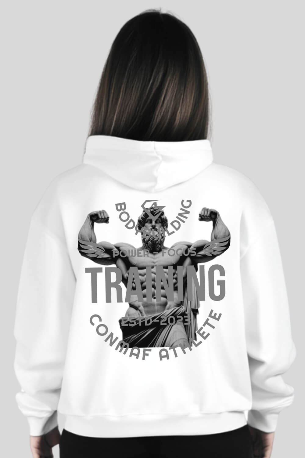 Rückansicht Power Oversize Hoodie White für Männer und Frauen