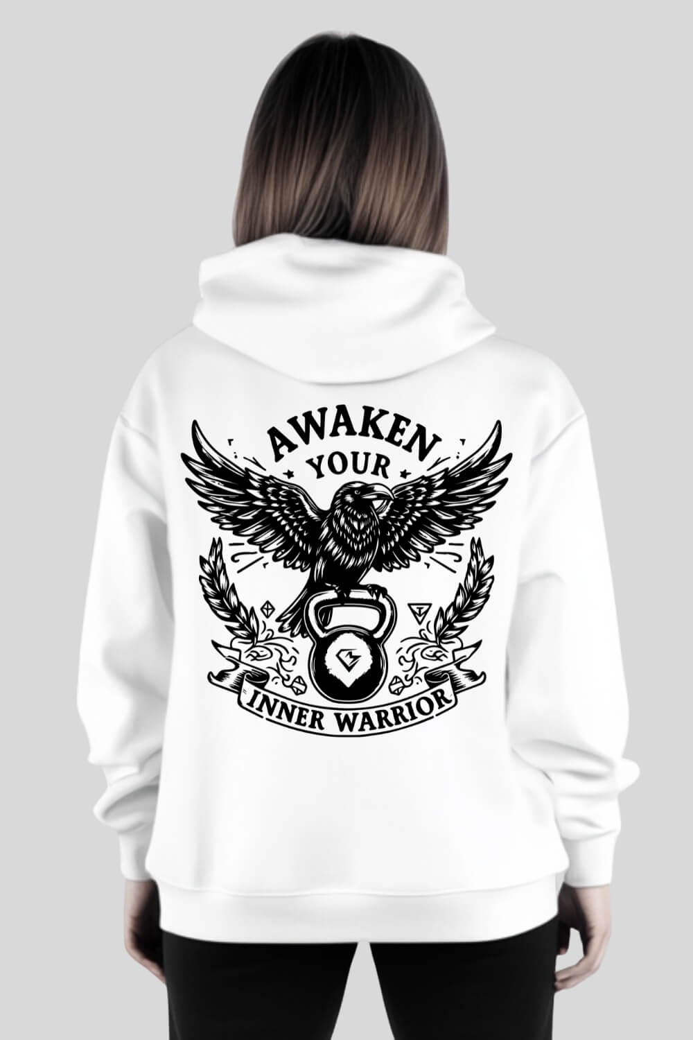 Rückansicht Raven Oversize Hoodie White für Männer und Frauen