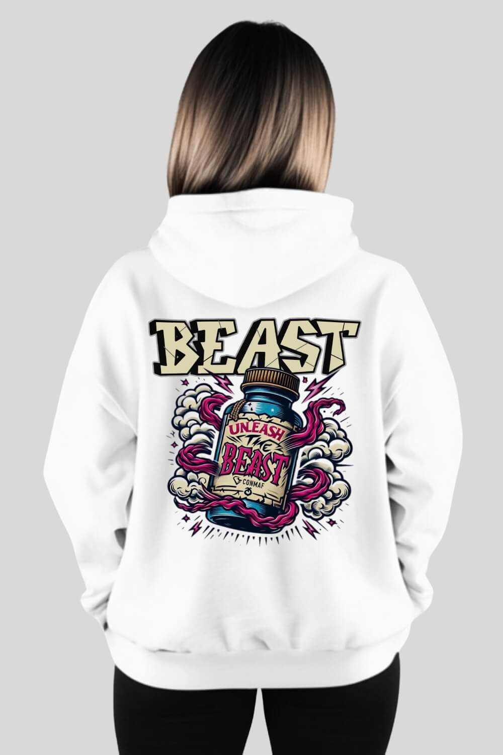 Rückansicht Unleash Oversize Hoodie White für Männer und Frauen