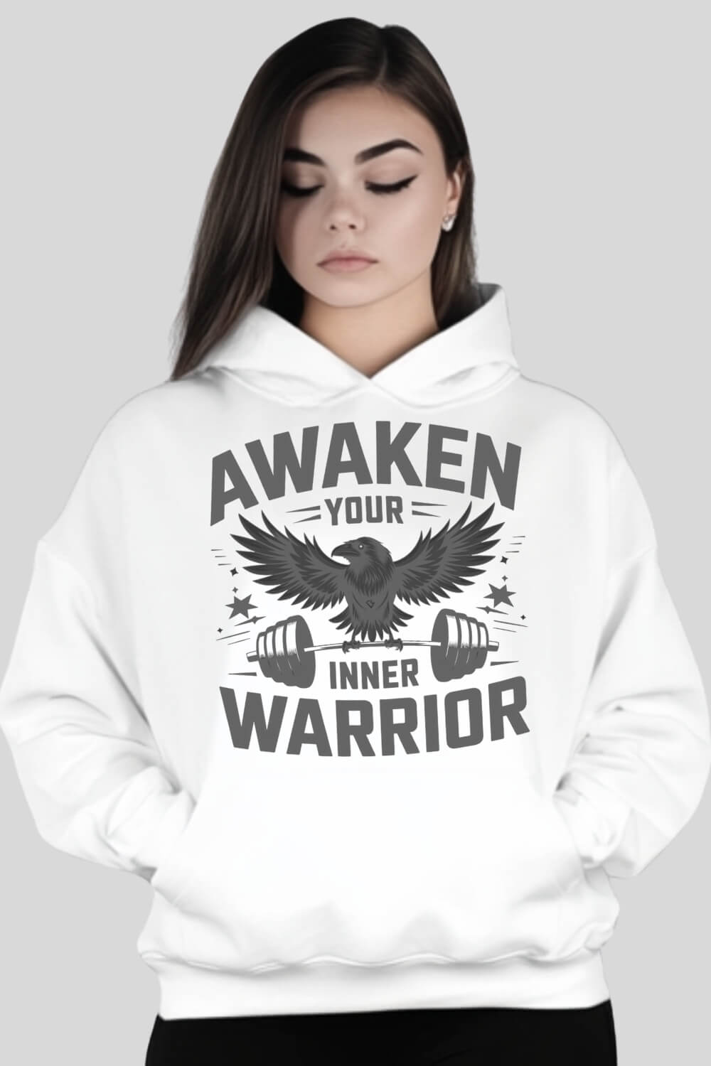 Frontansicht Warrior Oversize Hoodie White für Männer und Frauen