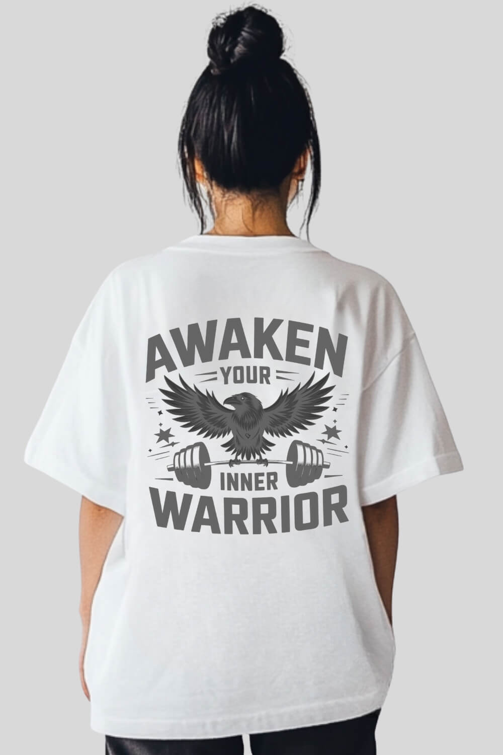 Rückansicht Warrior Oversize T-Shirt White für Männer und Frauen