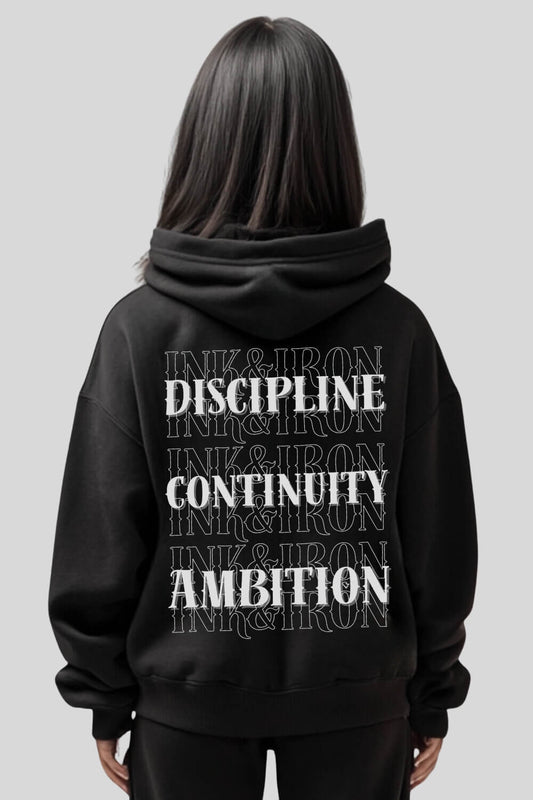 Rückansicht Discipline Oversize Hoodie Black für Männer und Frauen