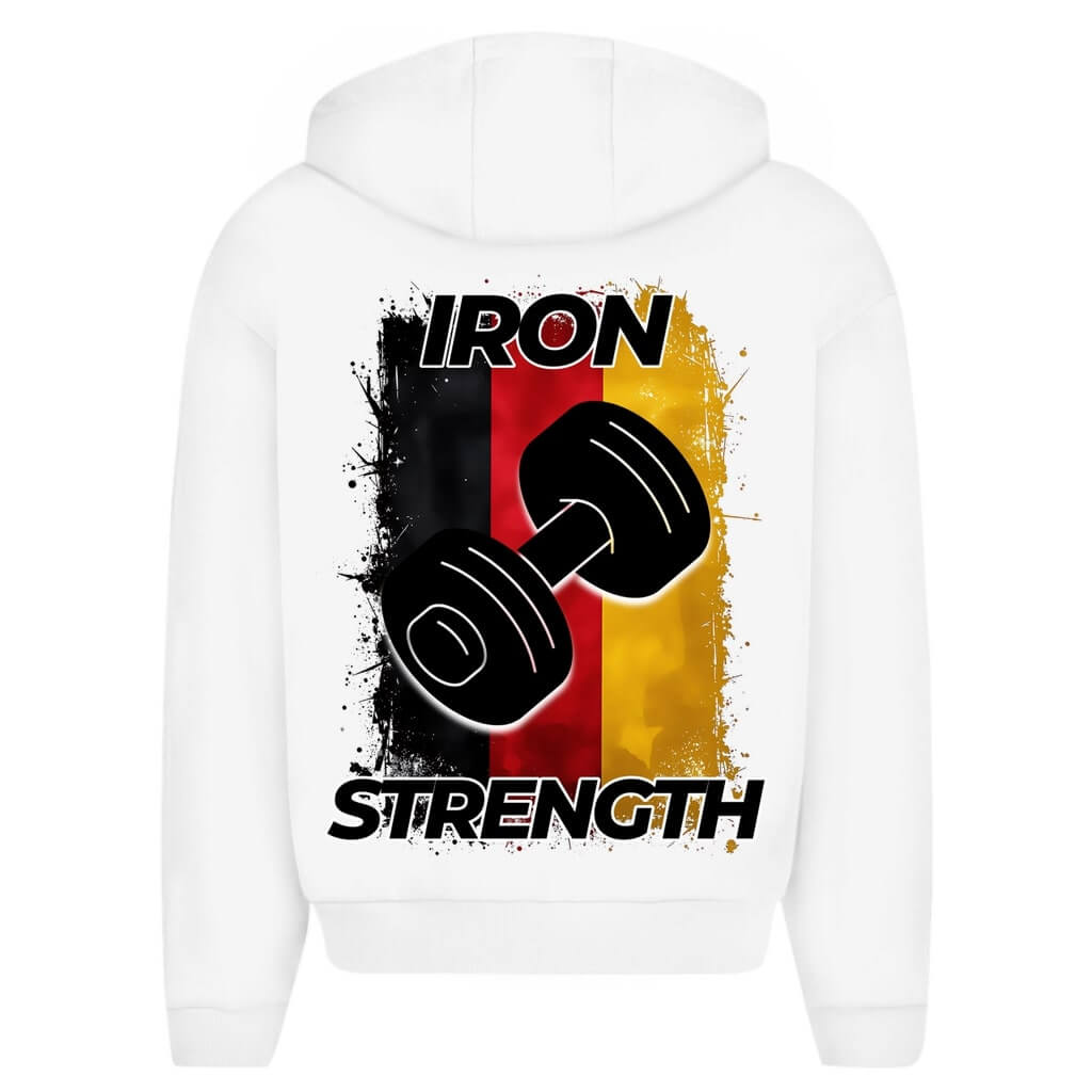 Rückansicht Iron Strength Oversize Zipper Hoodie White für Männer und Frauen