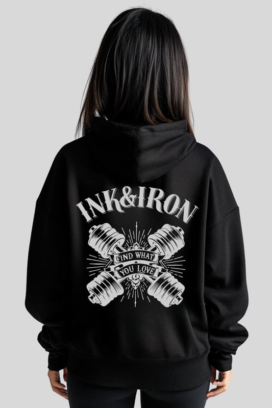 Rückansicht Love Oversize Hoodie Black für Männer und Frauen