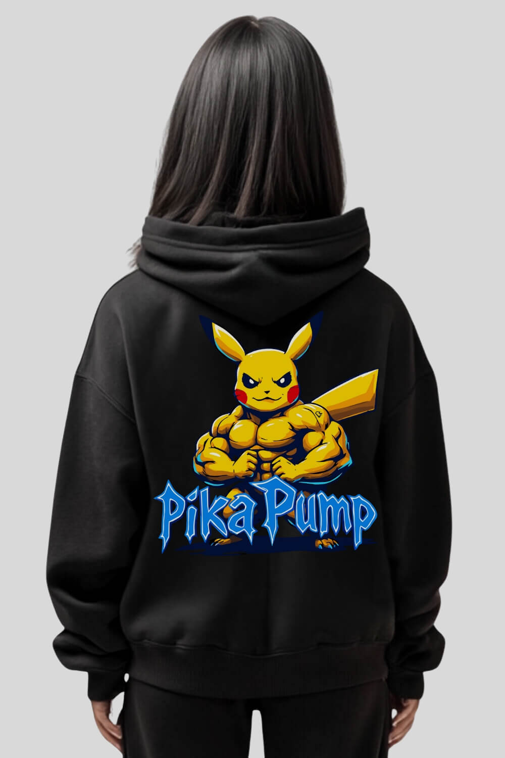 Rückansicht Pika Pump Oversize Hoodie Black für Männer und Frauen