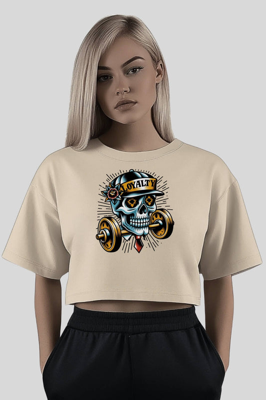 Frontansicht Skull Oversize Crop Top Sand für Frauen.