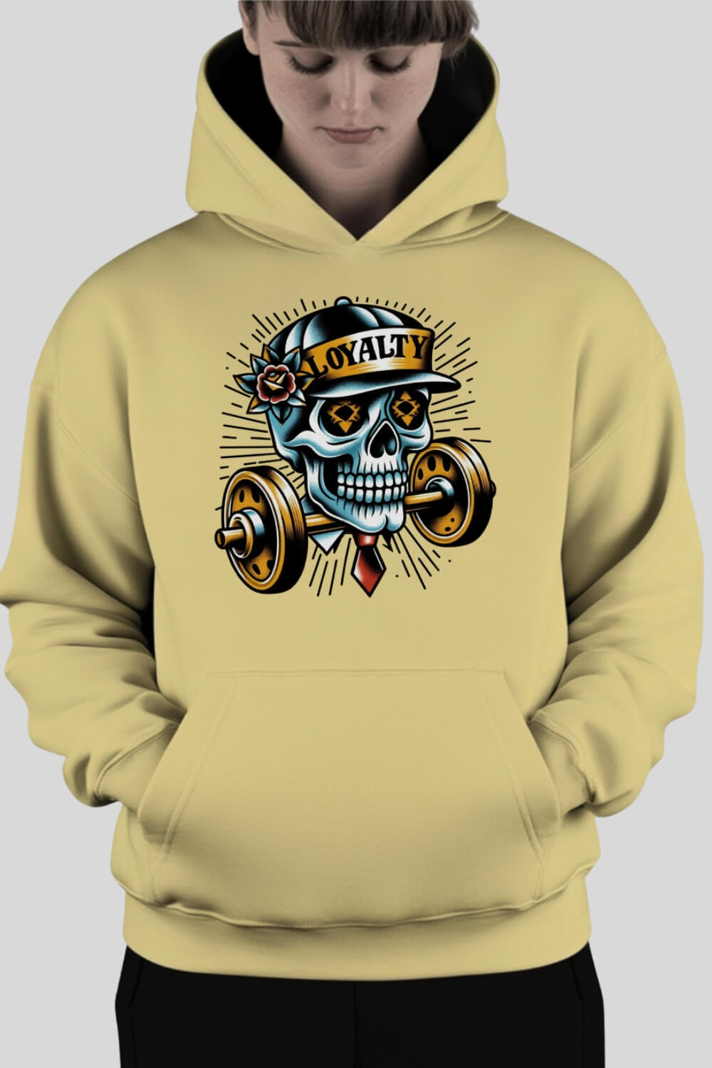 Frontansicht Skull Oversize Hoodie Sand für Männer und Frauen