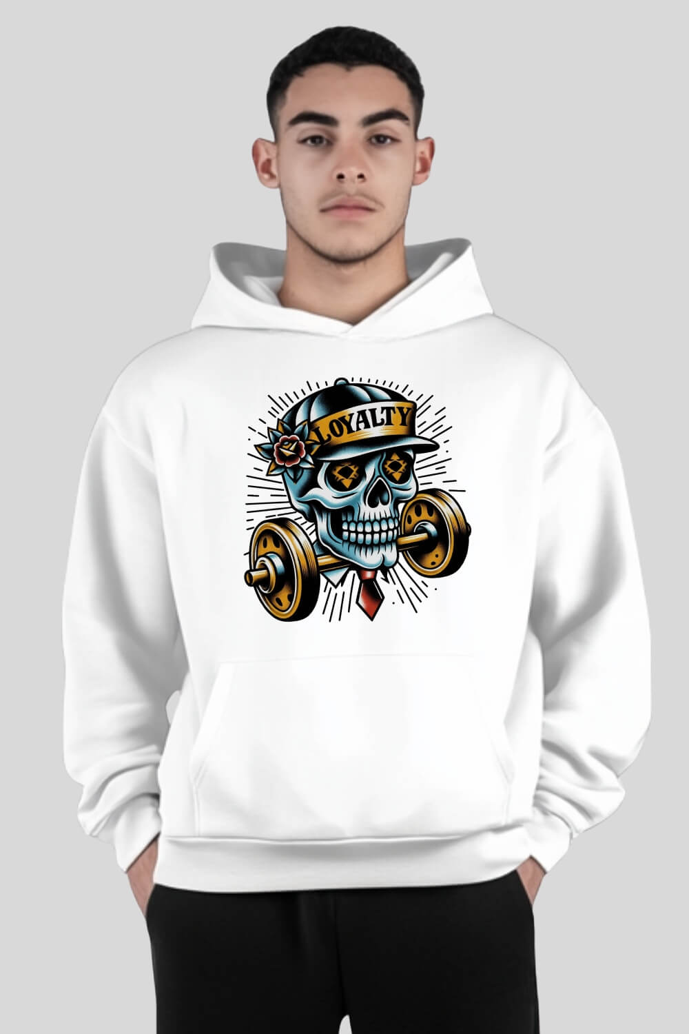 Frontansicht Skull Oversize Hoodie White für Männer und Frauen