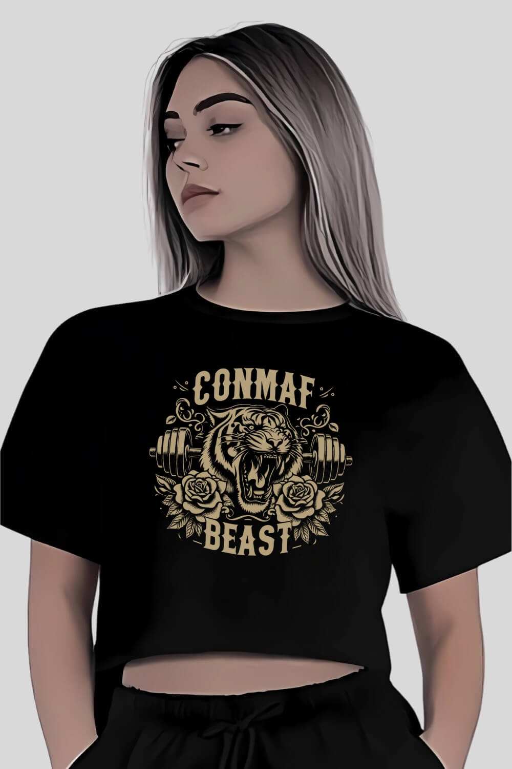 Frontansicht Tiger Oversize Crop Top Black für Frauen