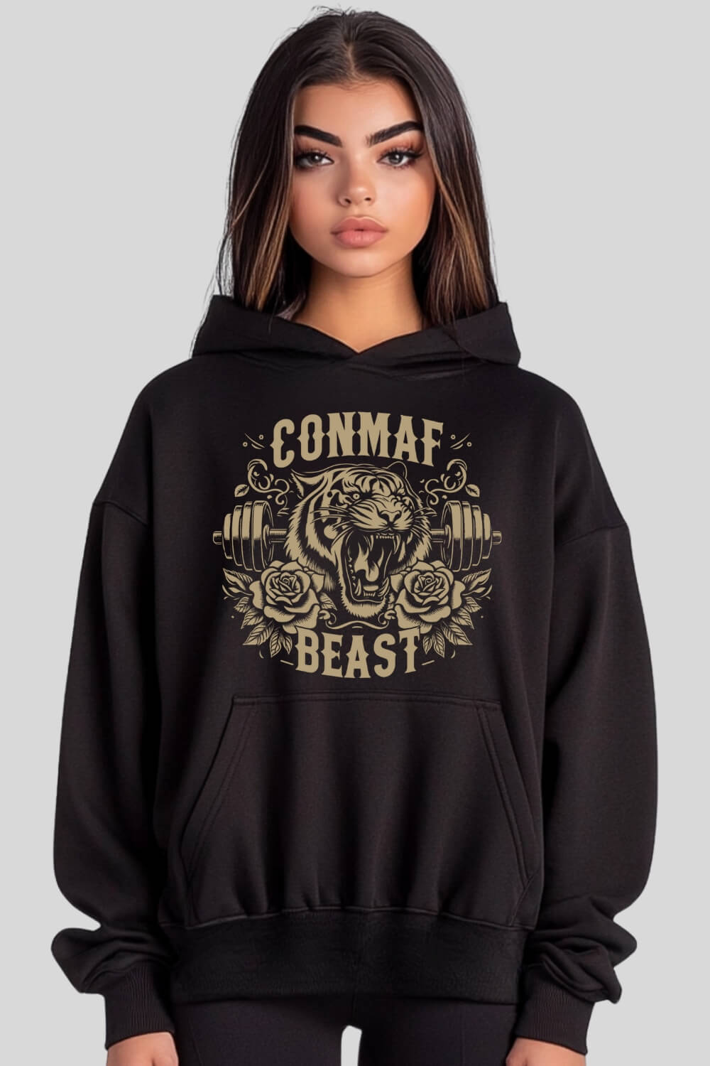 Frontansicht Tiger Oversize Hoodie Black für Männer und Frauen