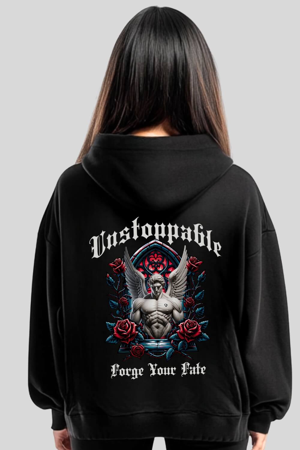 Rückansicht Unstoppable Oversize Hoodie Black für Männer und Frauen