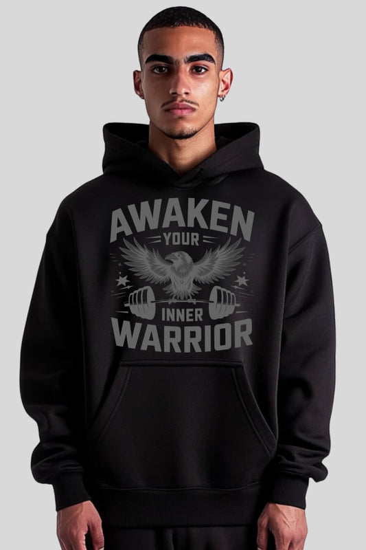 Frontansicht Warrior Oversize Hoodie Black für Männer und Frauen